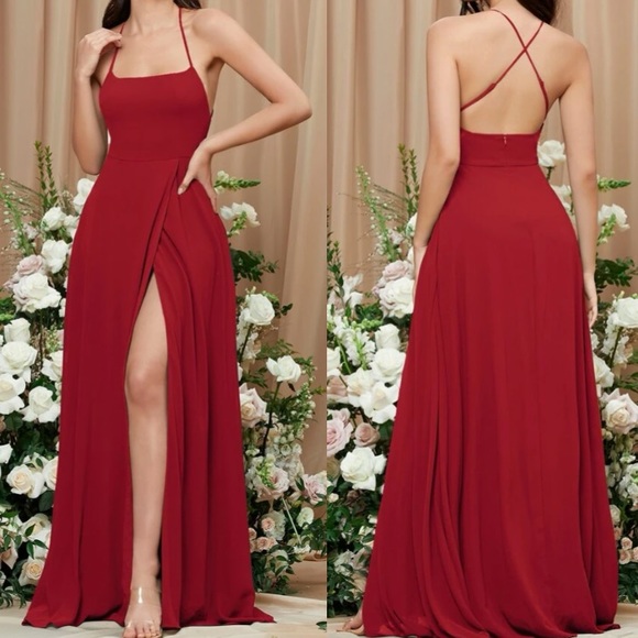 Luxe dusty blue crisscross back slit thigh party bridesmaids formal maxi dress - Picture 4 of 16